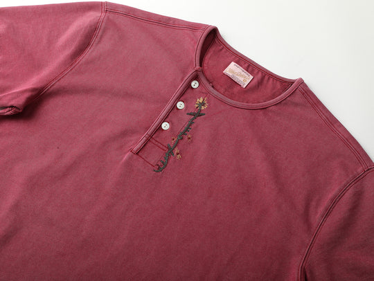 Western Series Floral Embroidered Henley T-shirt-Sun-faded Red