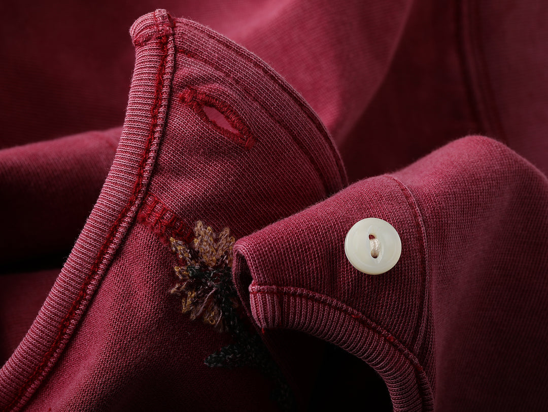 Western Series Floral Embroidered Henley T-shirt-Sun-faded Red