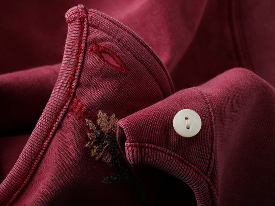 Western Series Floral Embroidered Henley T-shirt-Sun-faded Red