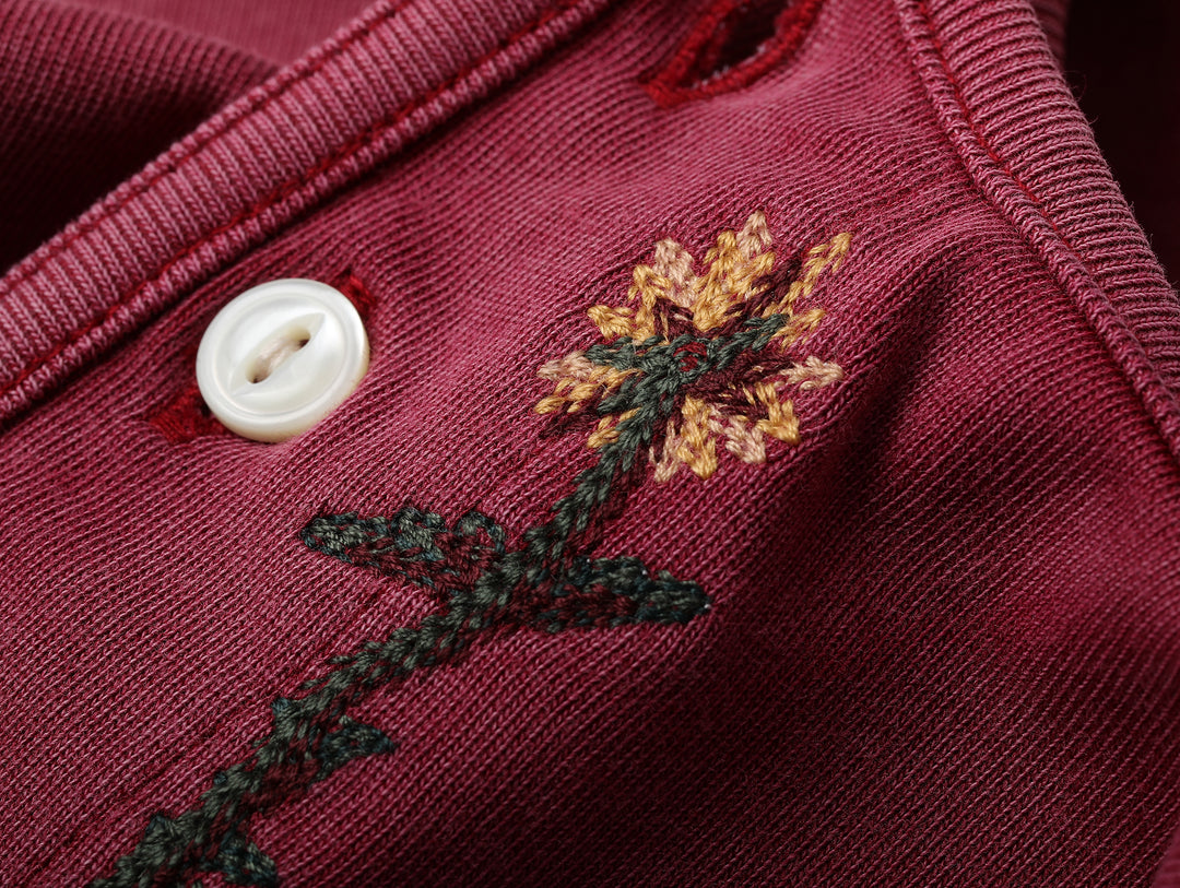 Western Series Floral Embroidered Henley T-shirt-Sun-faded Red