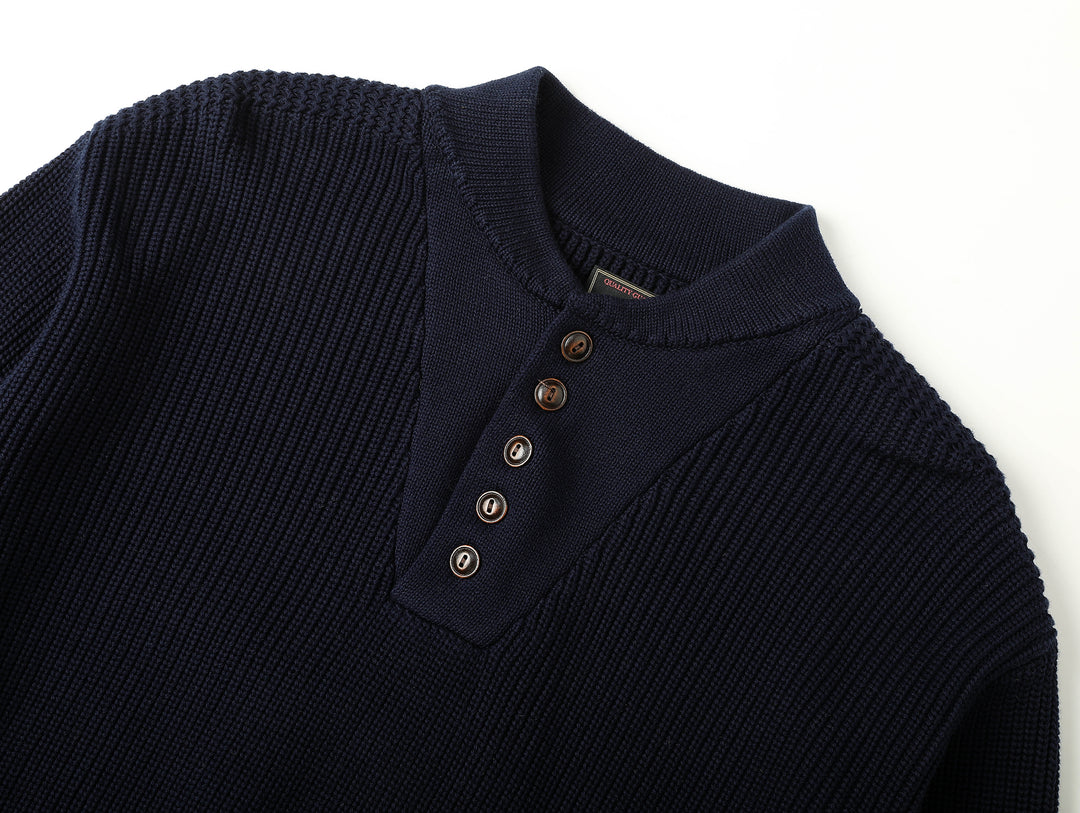 Five-Button Bib-Front Knit Sweater-Navy