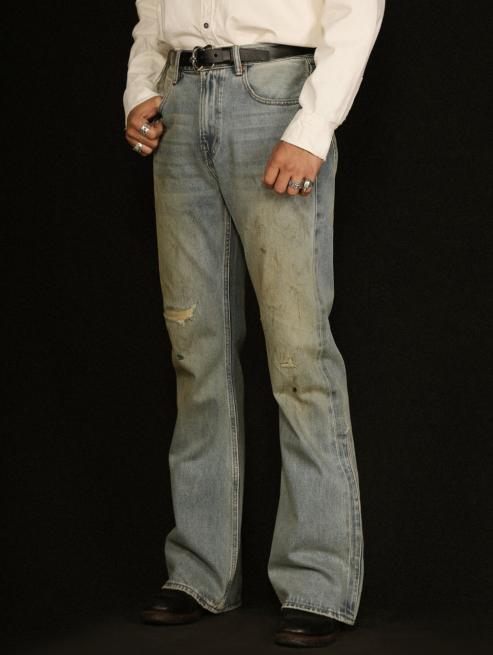 707 Mud-dyed Distressed Destroyed Washed Flare Jeans