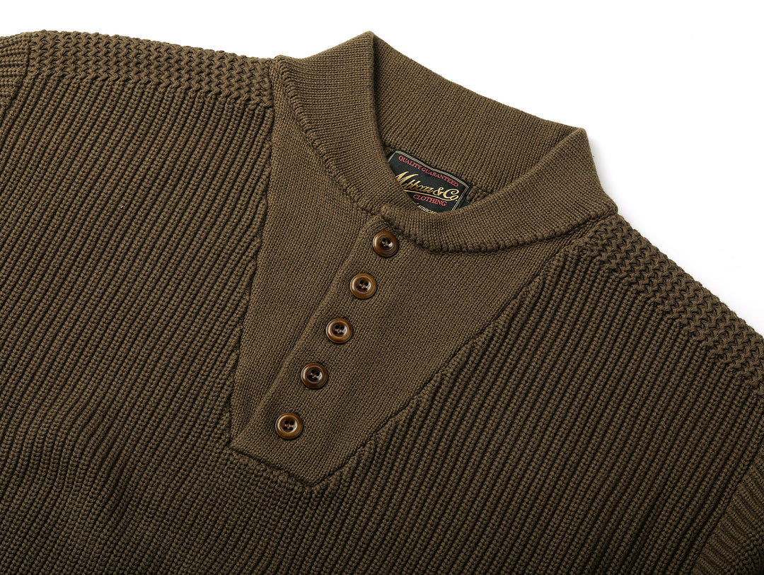 Five-Button Bib-Front Knit Sweater-Khaki Green