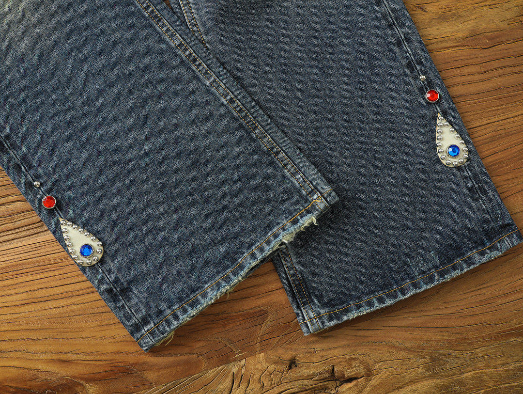 Hippie Studded Crystal Selvedge Denim Flared jeans