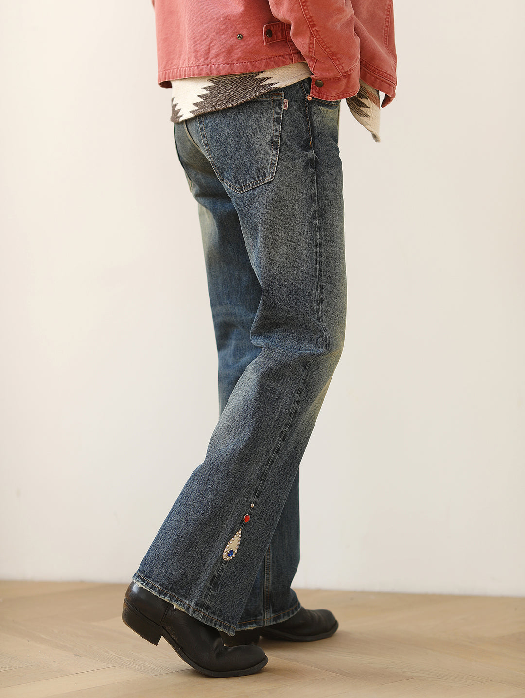 Hippie Studded Crystal Selvedge Denim Flared jeans