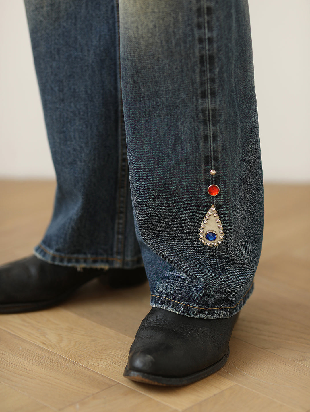 Hippie Studded Crystal Selvedge Denim Flared jeans