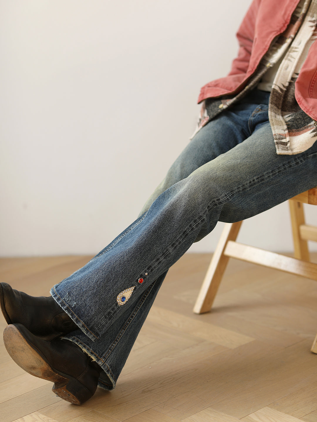 Hippie Studded Crystal Selvedge Denim Flared jeans