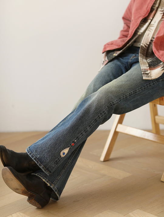 Hippie Studded Crystal Selvedge Denim Flared jeans