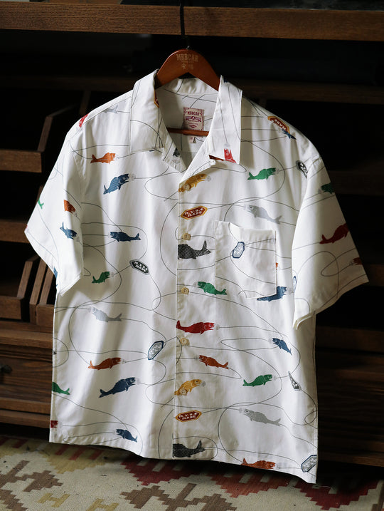 Carp Streamer Print Cuban Collar Aloha Shirt