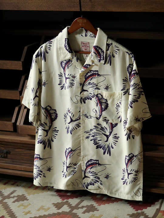 Marlin Print Cuban Collar Aloha Shirt