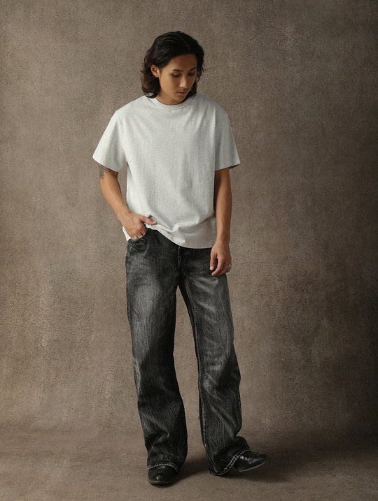 Three-Color Regular Loose-Fit Crew Neck T-shirt-Gray