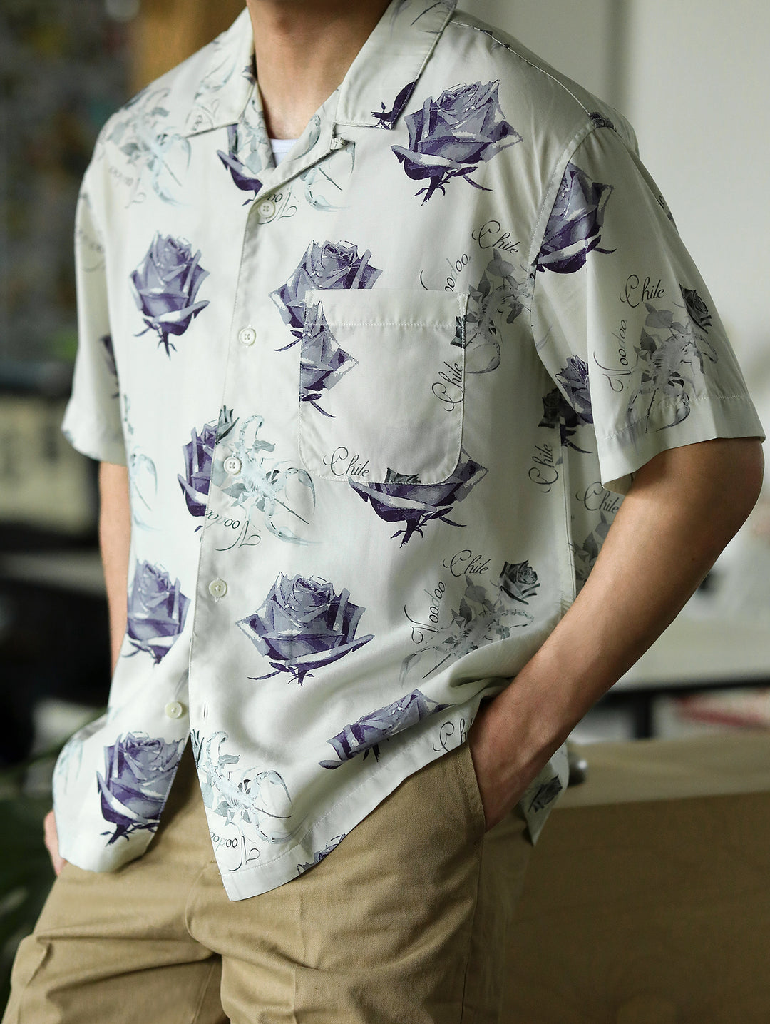 Scorpion & Rose Print Cuban Collar Aloha Shirt
