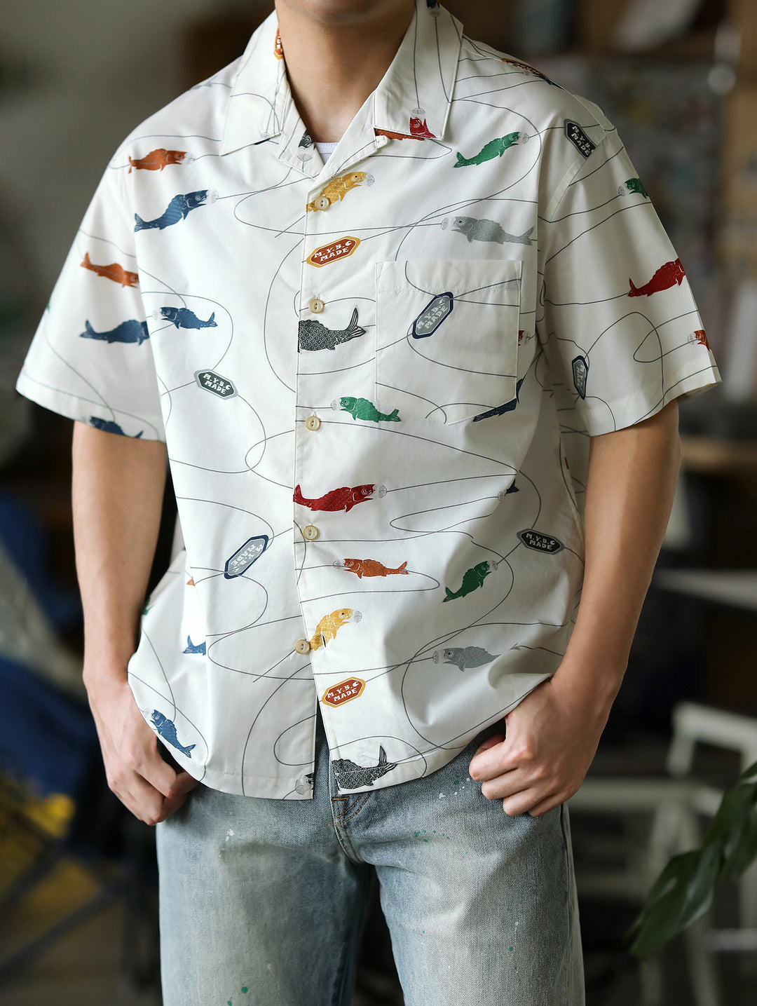 Carp Streamer Print Cuban Collar Aloha Shirt