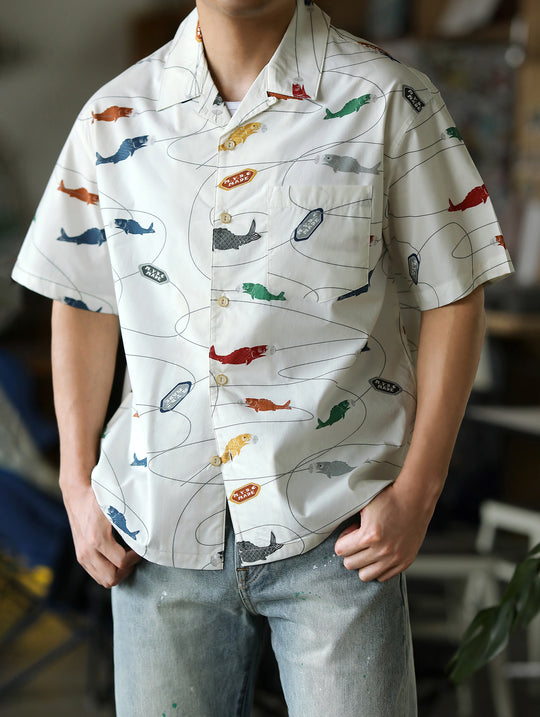 Carp Streamer Print Cuban Collar Aloha Shirt