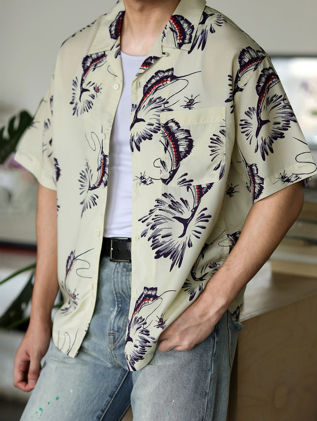 Marlin Print Cuban Collar Aloha Shirt