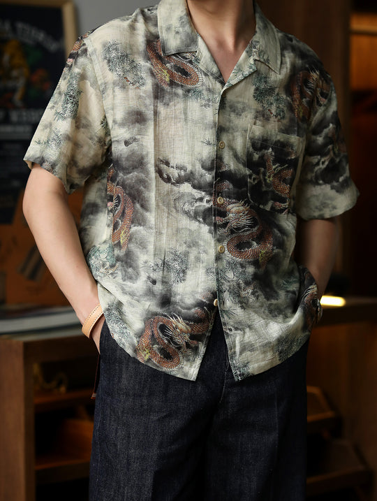 Chinese Ink Wash Dragon Motif Cuban Collar Aloha Shirt