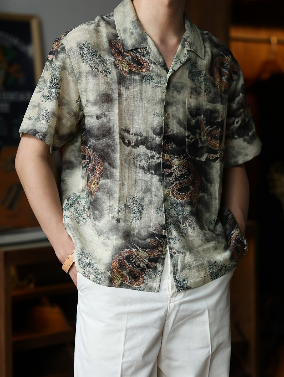 Chinese Ink Wash Dragon Motif Cuban Collar Aloha Shirt