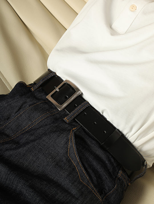 Horse Reins Leather Square Nickel Silver Pin Buckle Belt-Black