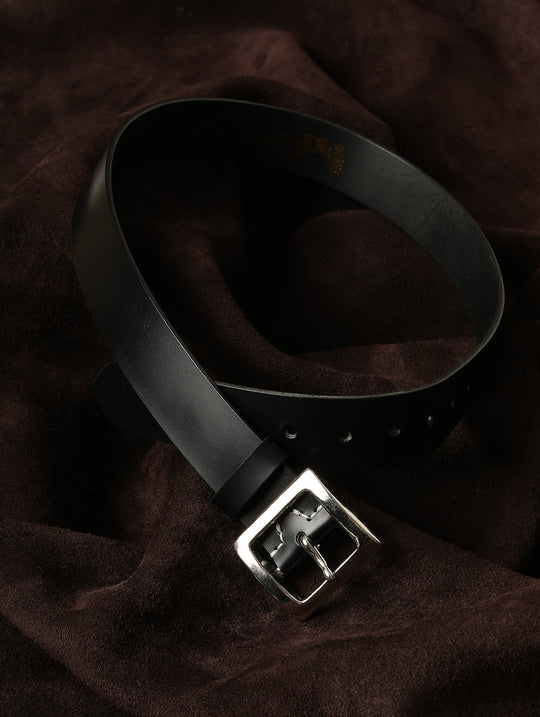 Horse Reins Leather Square Nickel Silver Pin Buckle Belt-Black