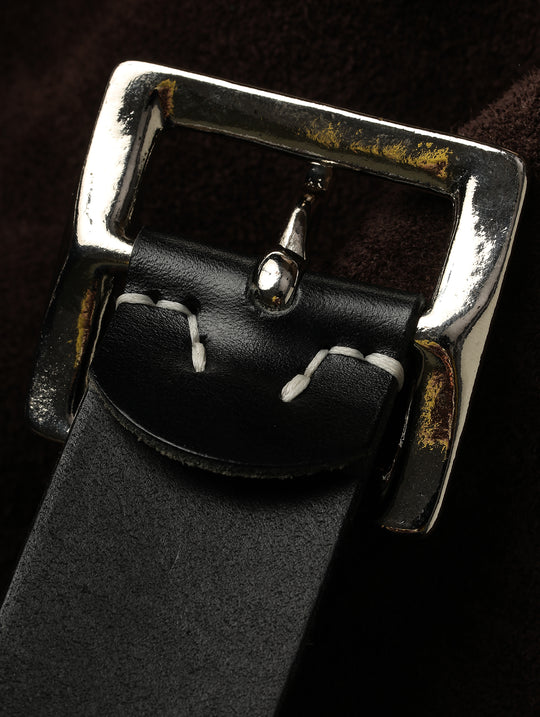 Horse Reins Leather Square Nickel Silver Pin Buckle Belt-Black