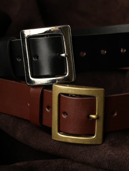 Horse Reins Leather Square Brass Pin Buckle Belt-Brown