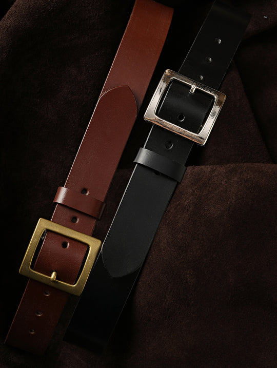 Horse Reins Leather Square Brass Pin Buckle Belt-Brown