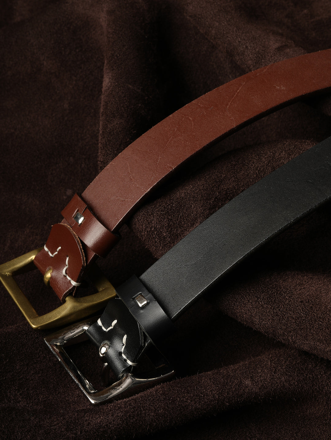 Horse Reins Leather Square Brass Pin Buckle Belt-Brown