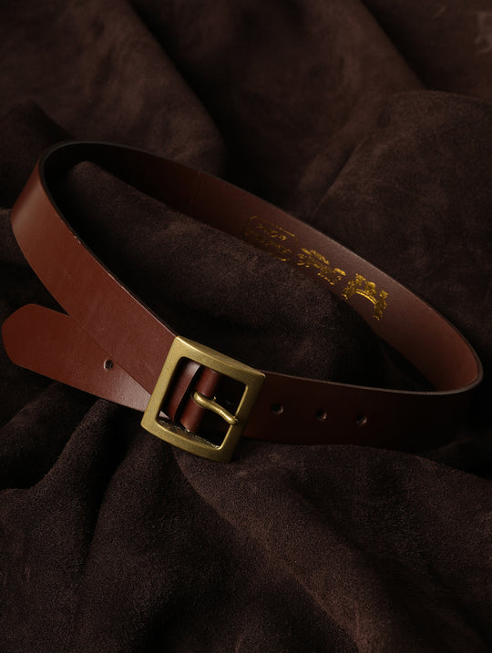 Horse Reins Leather Square Brass Pin Buckle Belt-Brown