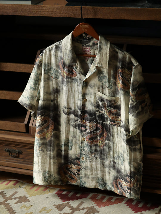 Chinese Ink Wash Dragon Motif Cuban Collar Aloha Shirt