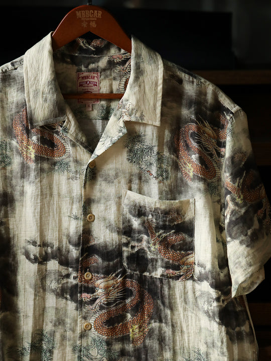 Chinese Ink Wash Dragon Motif Cuban Collar Aloha Shirt
