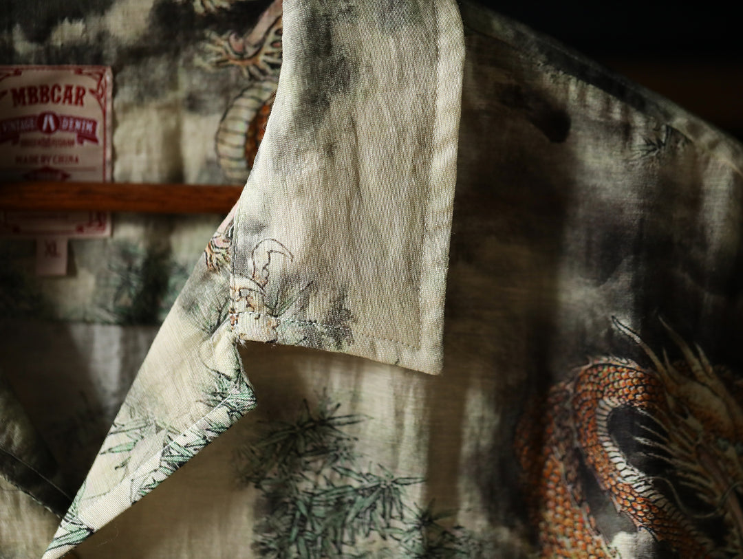 Chinese Ink Wash Dragon Motif Cuban Collar Aloha Shirt