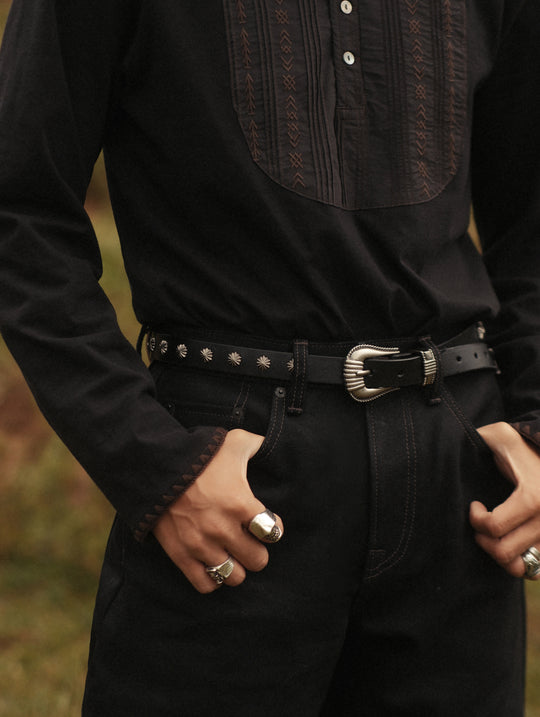 Western Rivet Belt with Engraved Braided-Pattern Alloy Buckle-Black