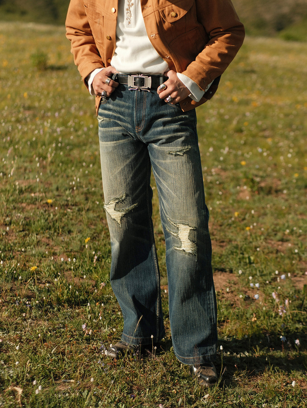 Xizang Collection Yellow Prayer Flag Core Washed Denim Wide-Leg jeans