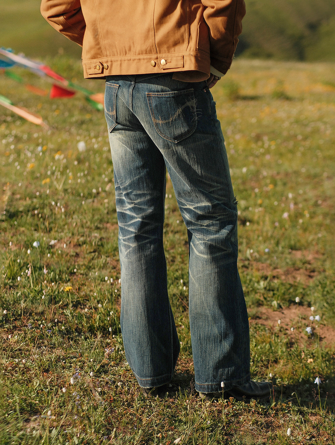 Xizang Collection Yellow Prayer Flag Core Washed Denim Wide-Leg jeans