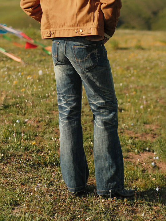 Xizang Collection Yellow Prayer Flag Core Washed Denim Wide-Leg jeans