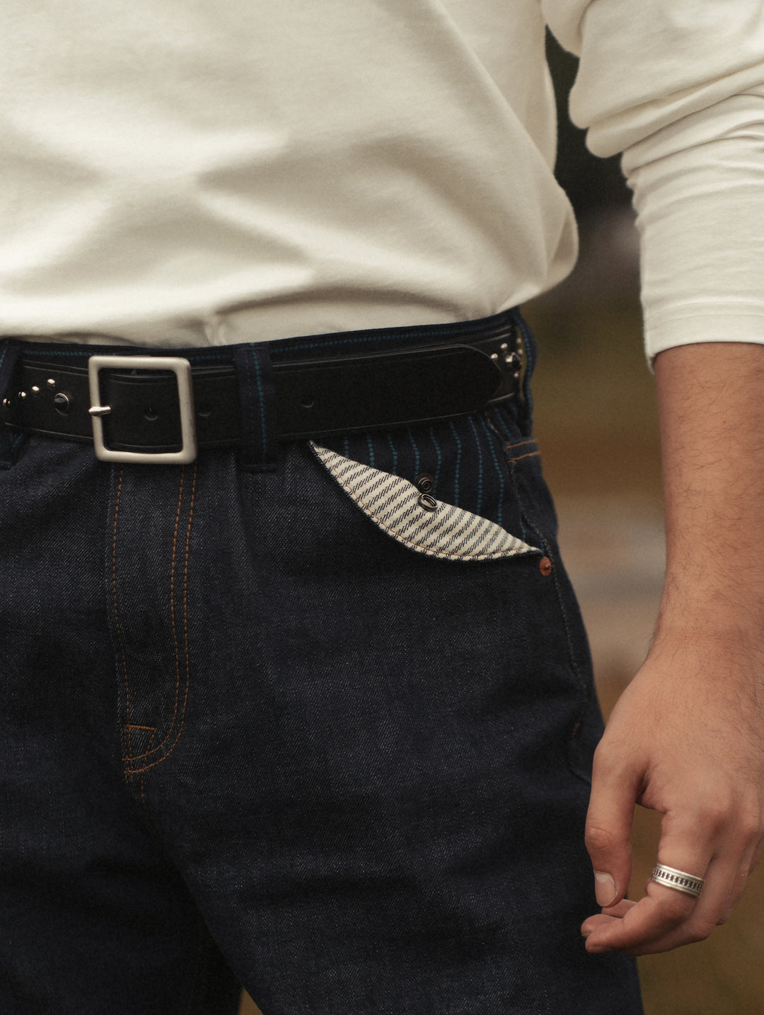 Edge-Embossed Full-Grain Leather Studded Belt-Black