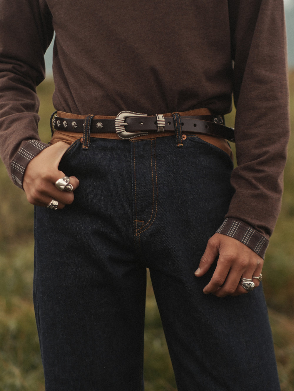 Western Rivet Belt with Engraved Braided-Pattern Alloy Buckle-Dark Brown