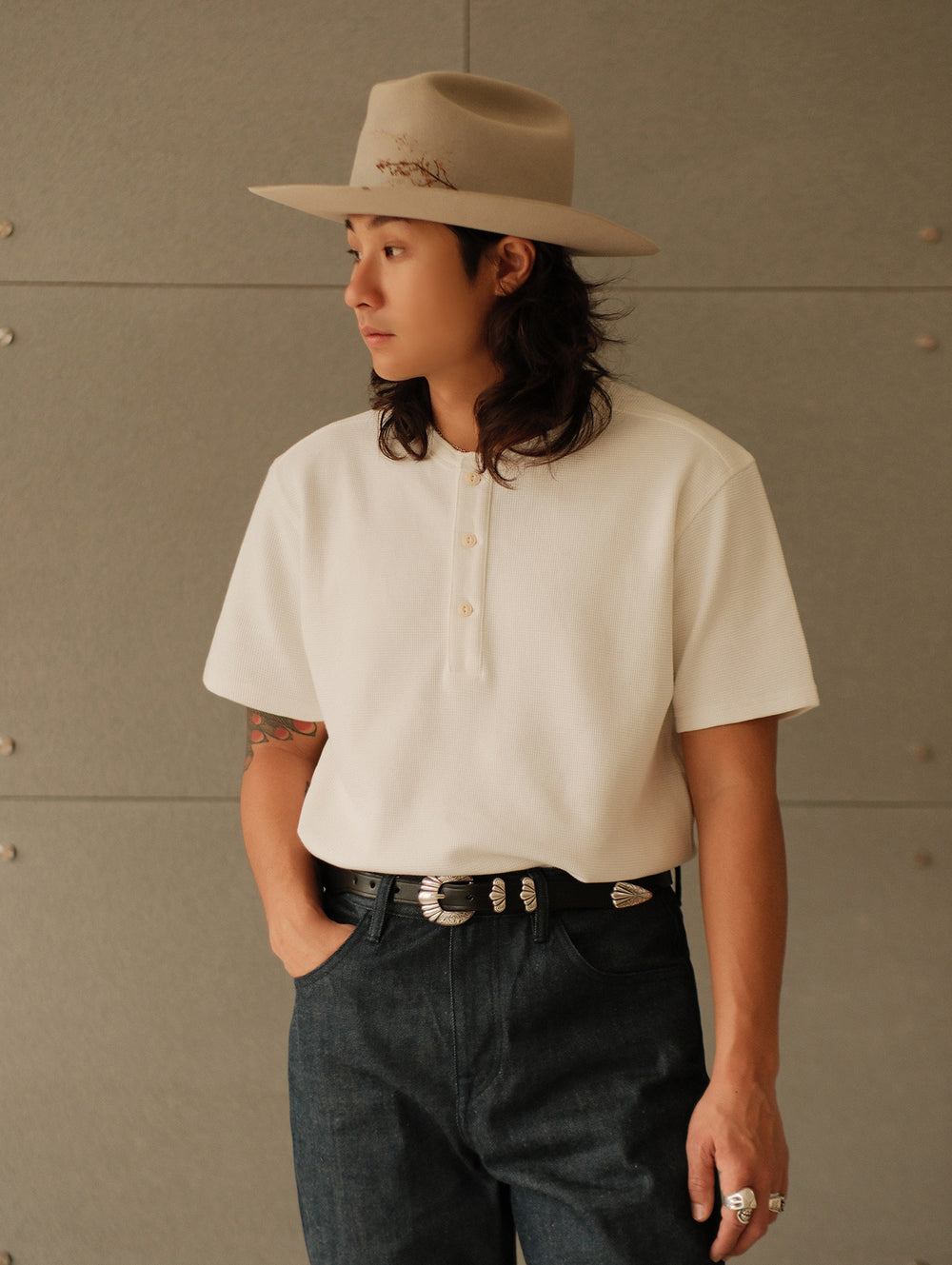 Waffle-knit Henley shirt
