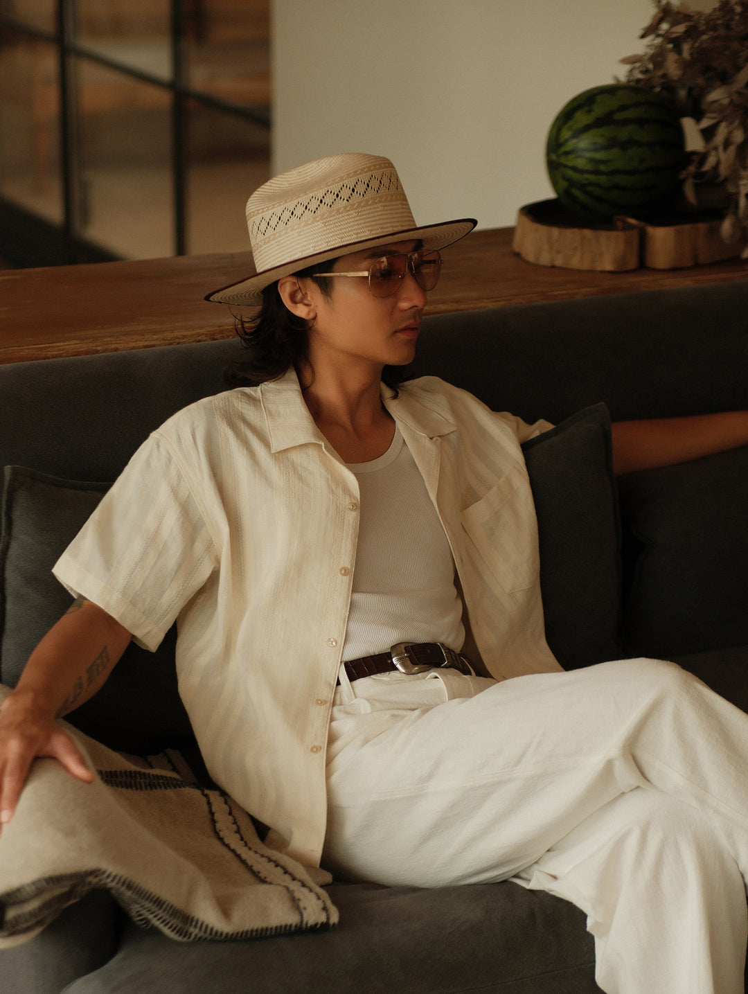 Openwork jacquard Cuban collar shirt