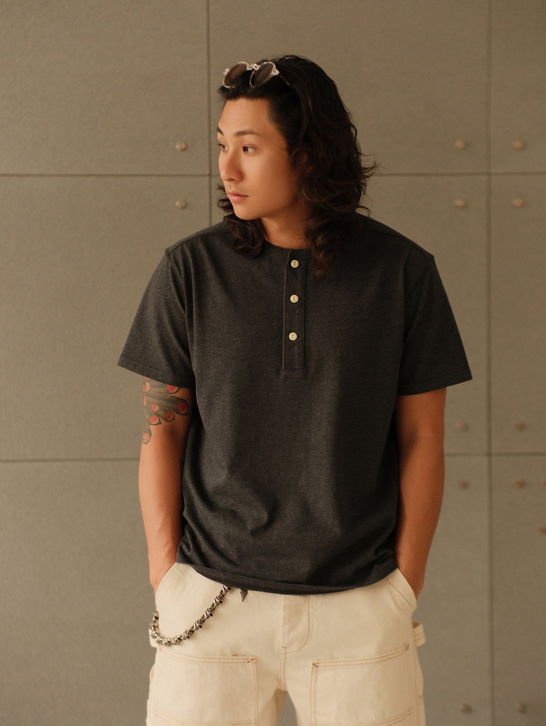 240-gram Flecked Grey Henley shirt