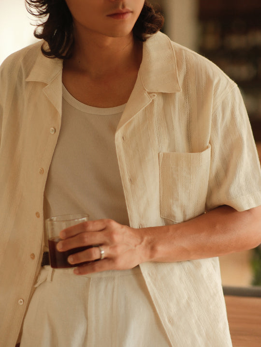 Openwork jacquard Cuban collar shirt