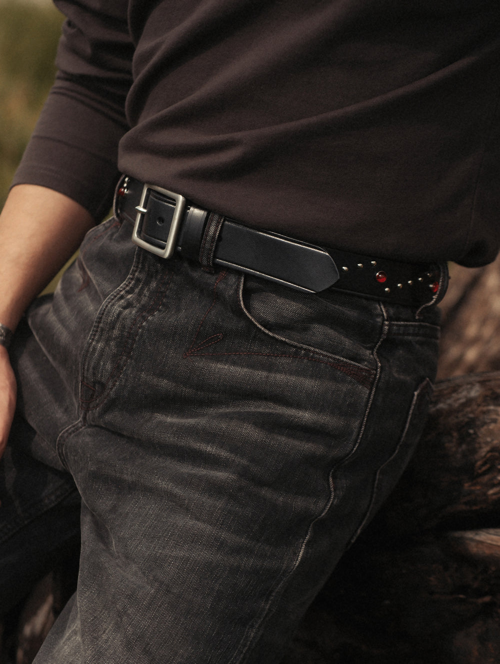 Edge-Embossed Full-Grain Leather Studded Belt-Red