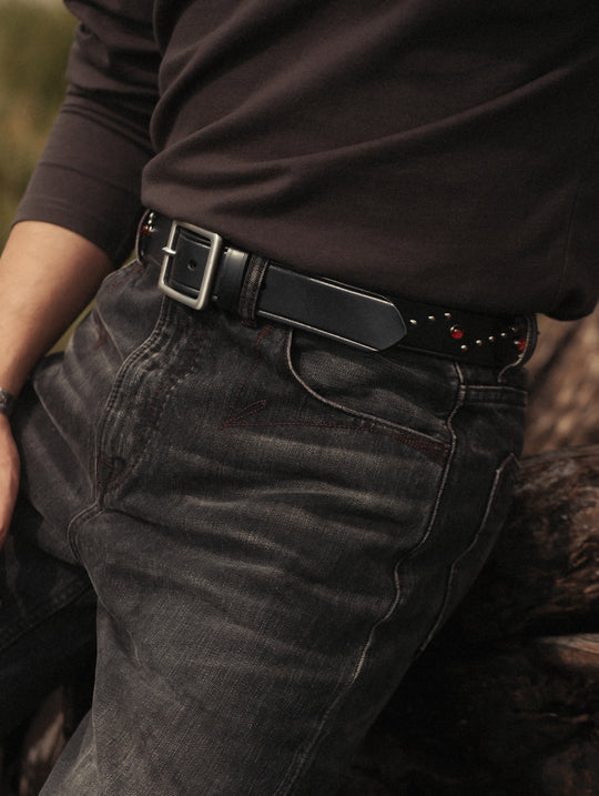 Edge-Embossed Full-Grain Leather Studded Belt-Red