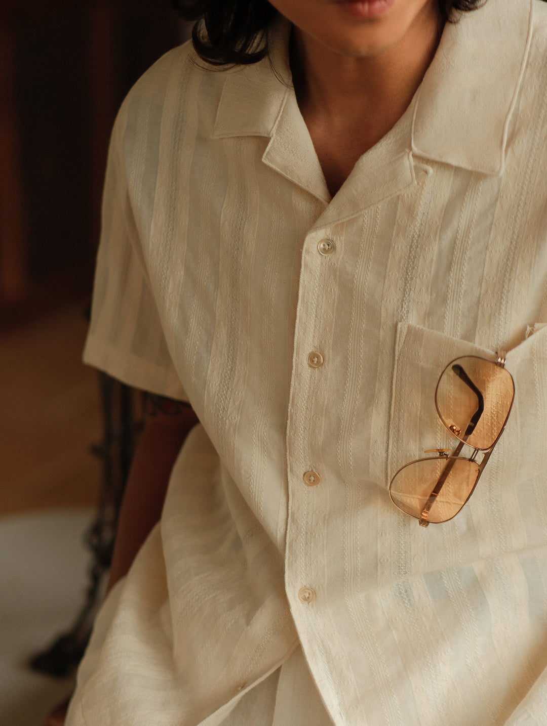 Openwork jacquard Cuban collar shirt
