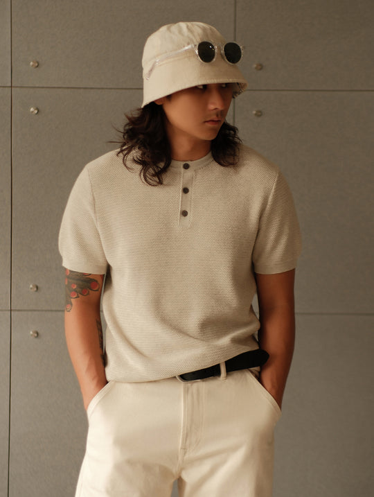 Henley Knitted Shirt-Beige gray