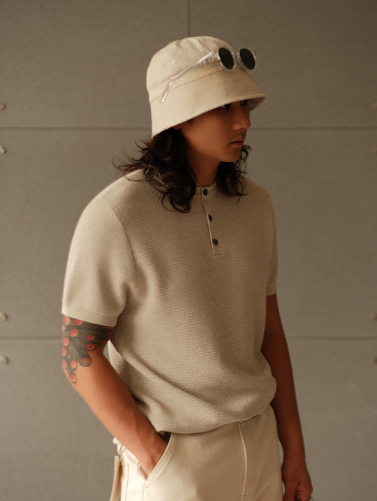 Henley Knitted Shirt-Beige gray