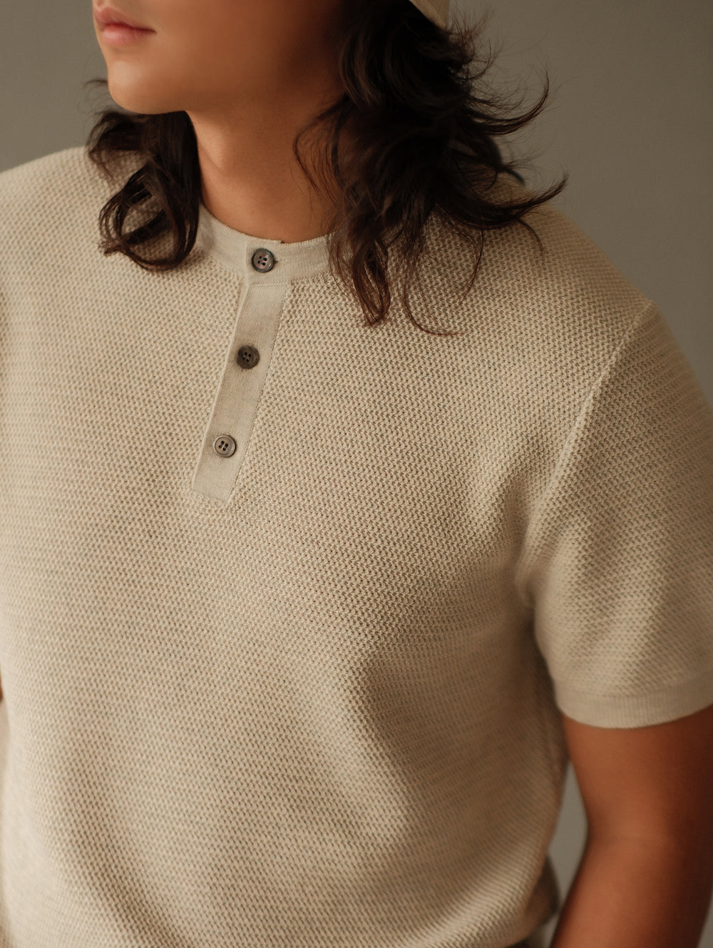 Henley Knitted Shirt-Beige gray