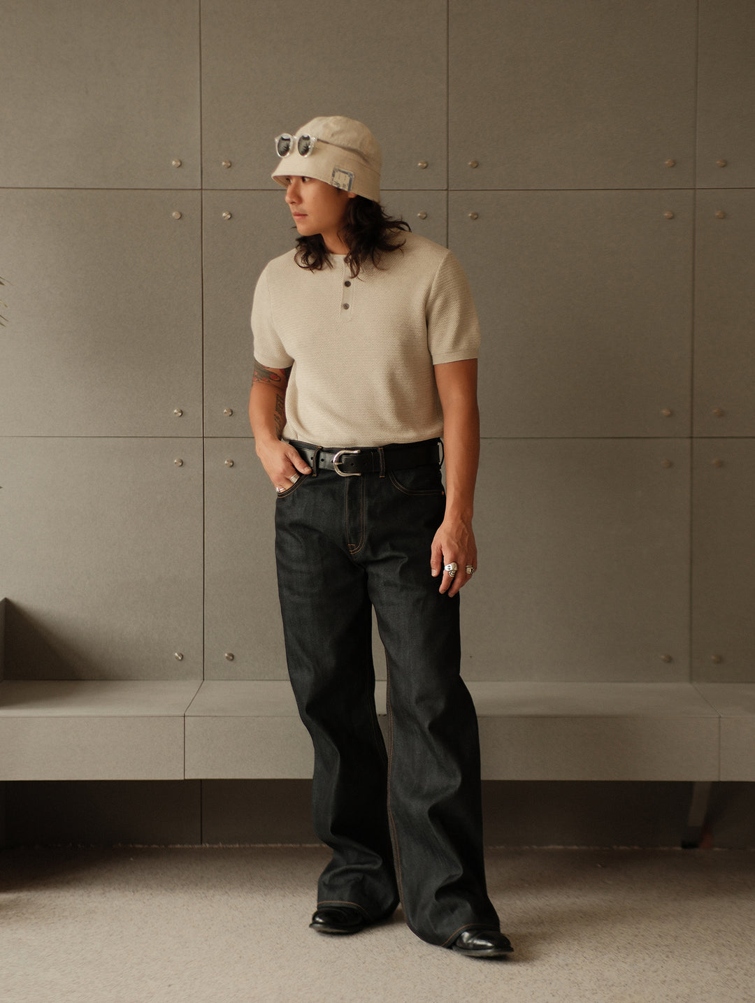 Henley Knitted Shirt-Beige gray