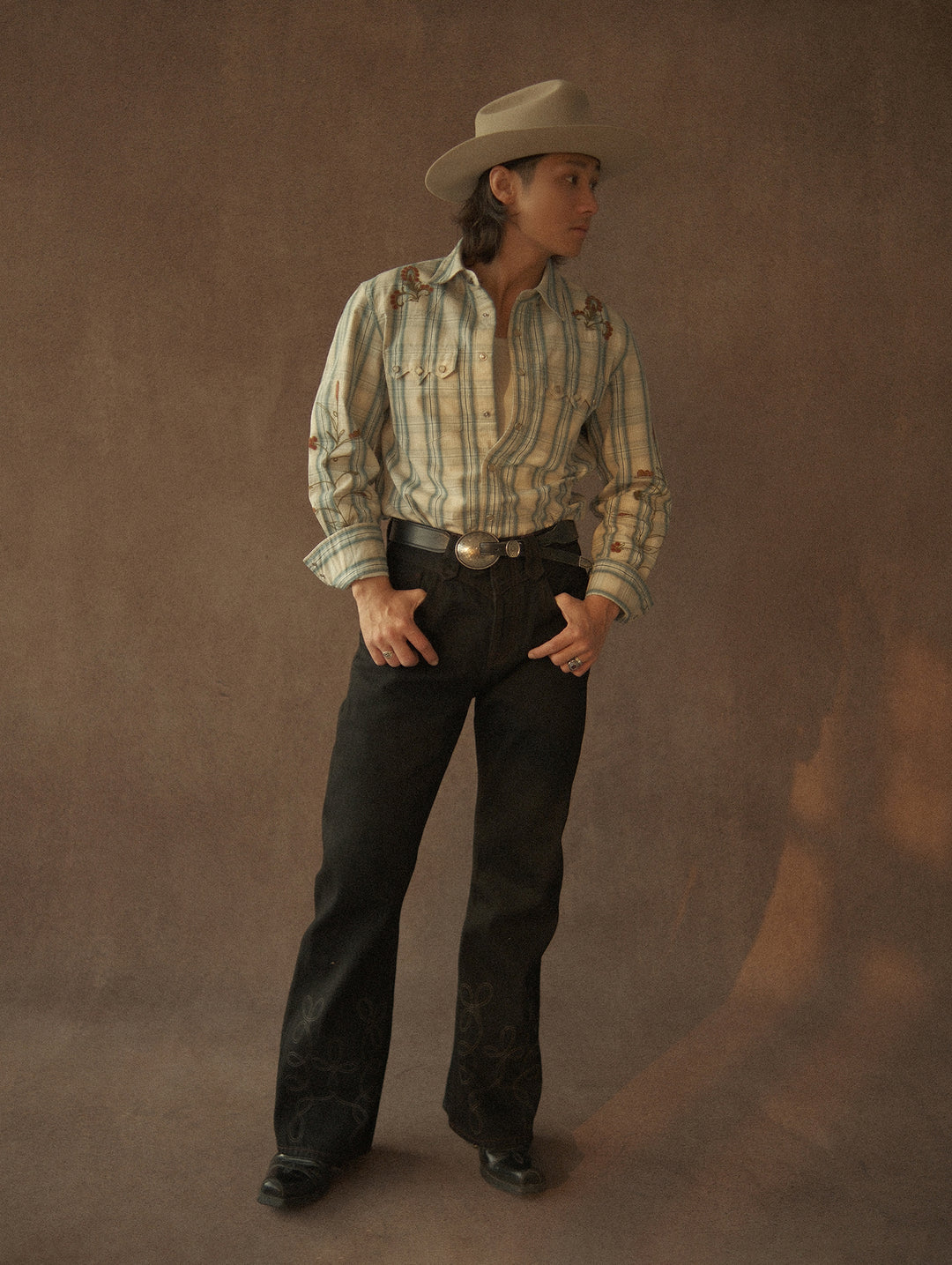 Western Series Green Checkered Floral Western shirt