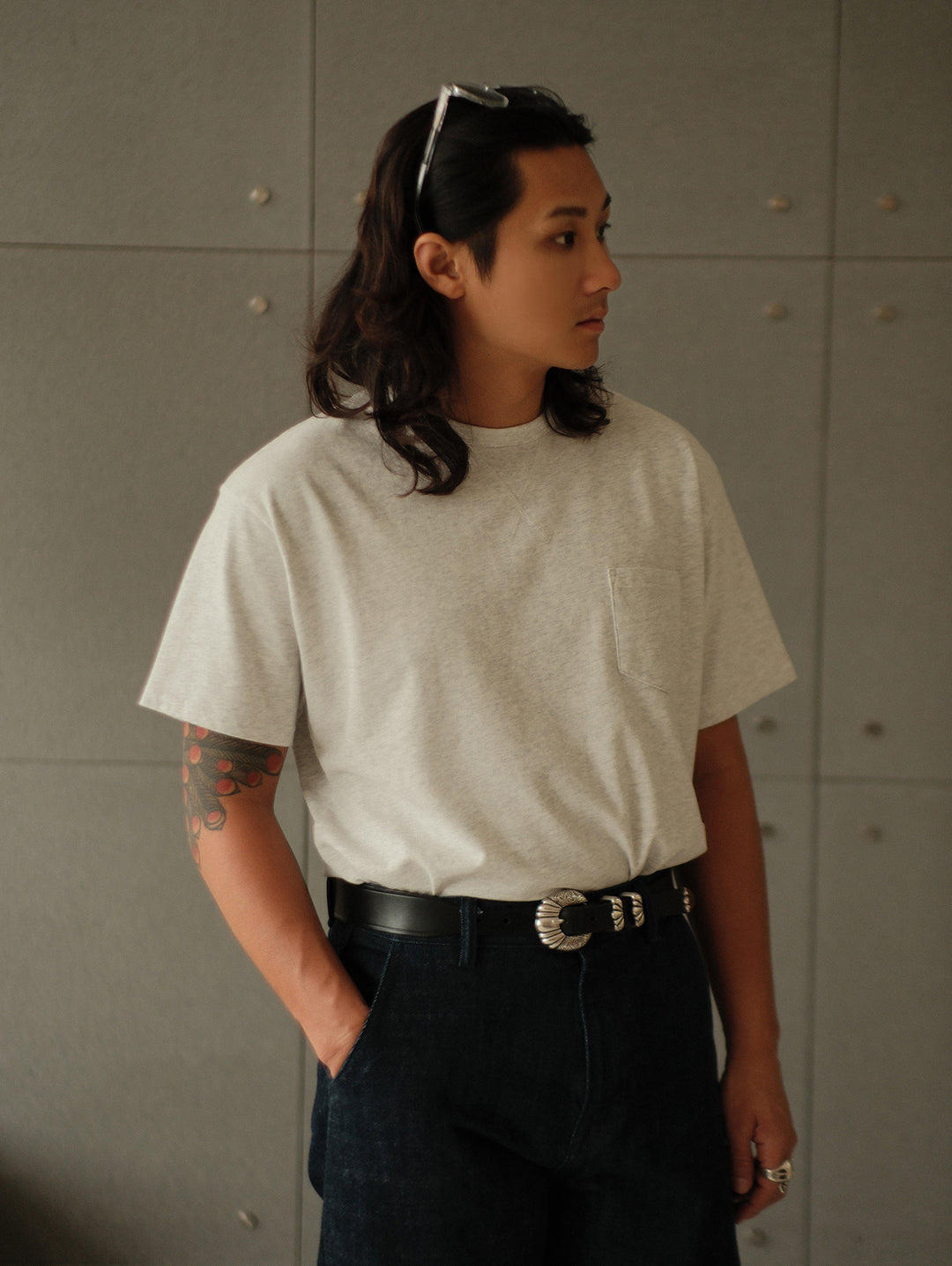 Single Pocket Basic T-Shirt-Grey
